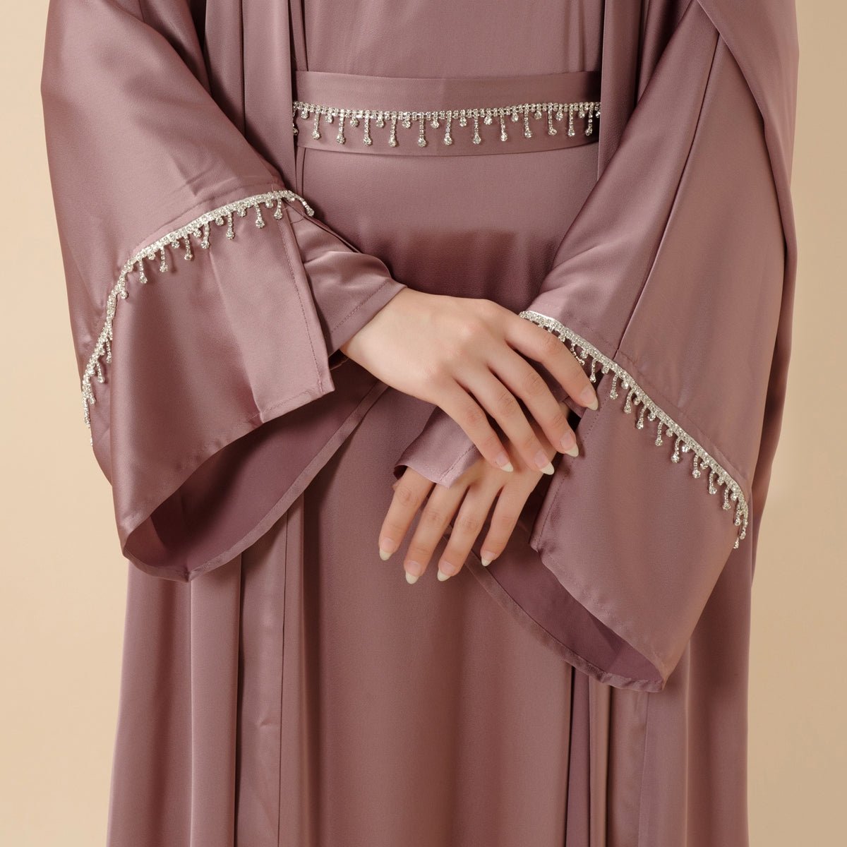 Luxury Satin Abaya With Diamond Tassels Belt, 6 - Piece Set (MOA041) - Mariam's Collection