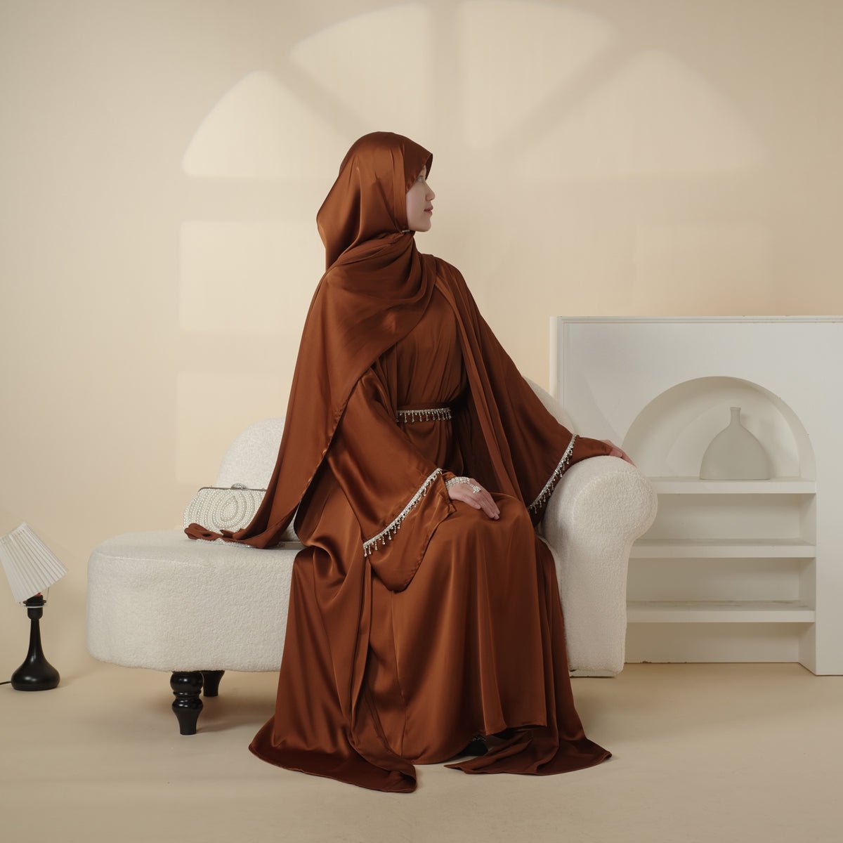 Luxury Satin Abaya With Diamond Tassels Belt, 6 - Piece Set (MOA041) - Mariam's Collection