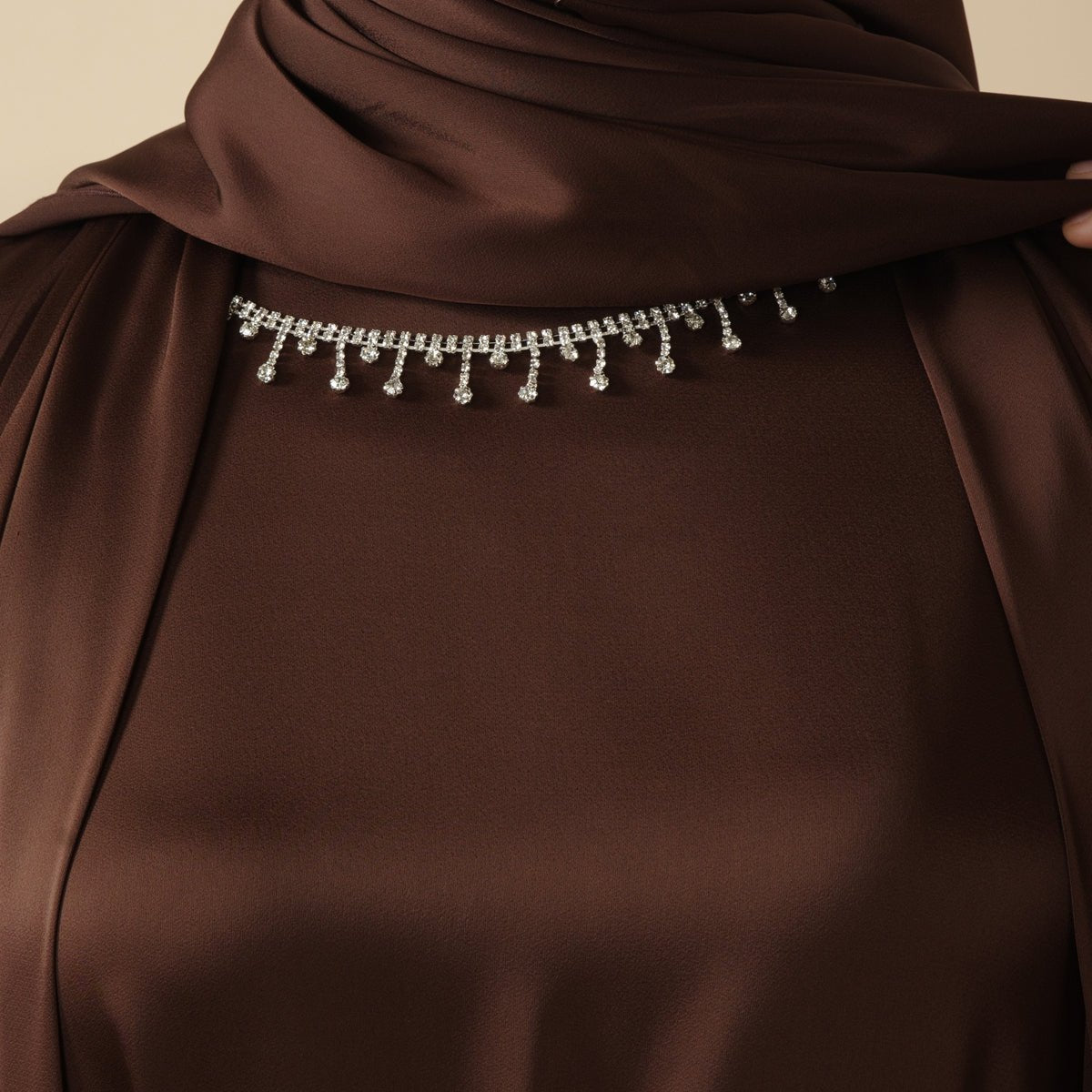 Luxury Satin Abaya With Diamond Tassels Belt, 6 - Piece Set (MOA041) - Mariam's Collection