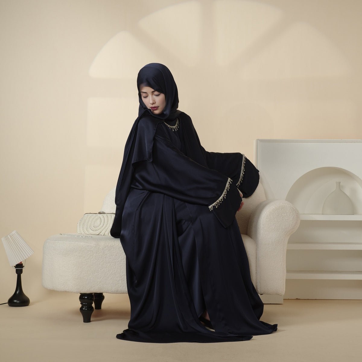Luxury Satin Abaya With Diamond Tassels Belt, 6 - Piece Set (MOA041) - Mariam's Collection