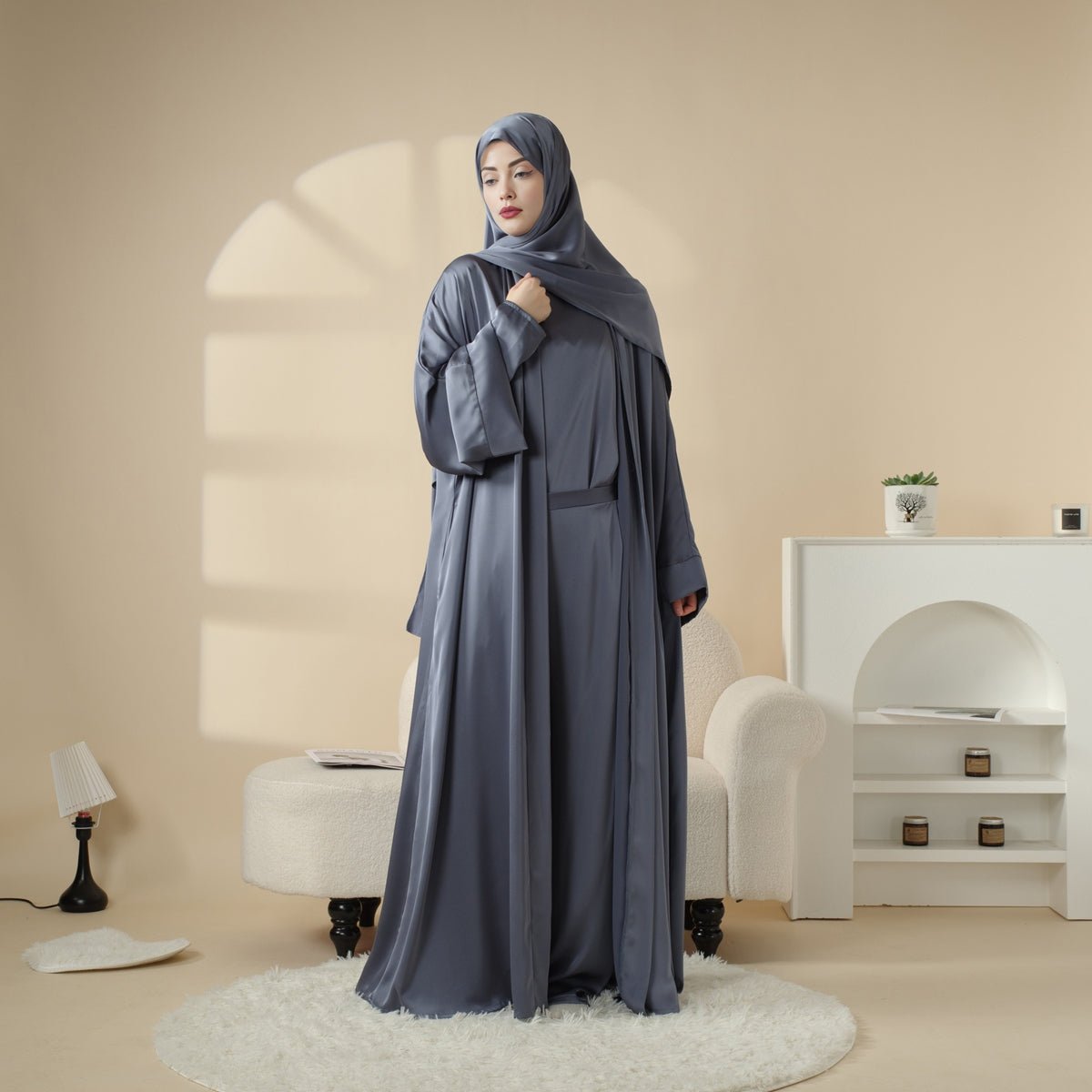 Luxury Satin Modest Abaya Set 4 - Piece – Elegant Open Abaya, Top, Pants & Matching Hijab(MOA034) - Mariam's Collection