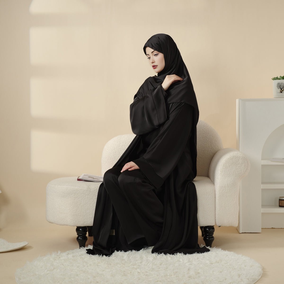 Luxury Satin Modest Abaya Set 4 - Piece – Elegant Open Abaya, Top, Pants & Matching Hijab(MOA034) - Mariam's Collection