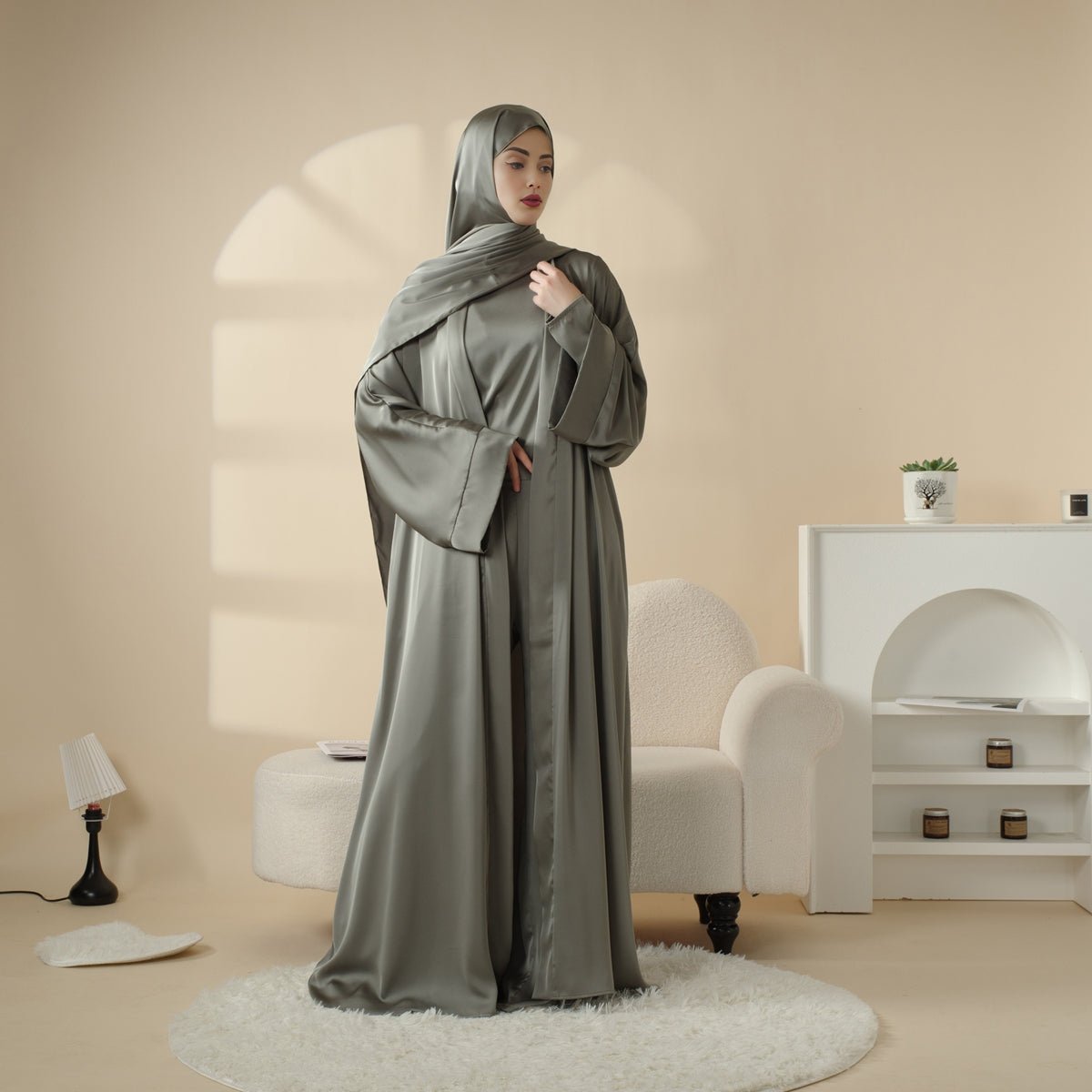 Luxury Satin Modest Abaya Set 4 - Piece – Elegant Open Abaya, Top, Pants & Matching Hijab(MOA034) - Mariam's Collection