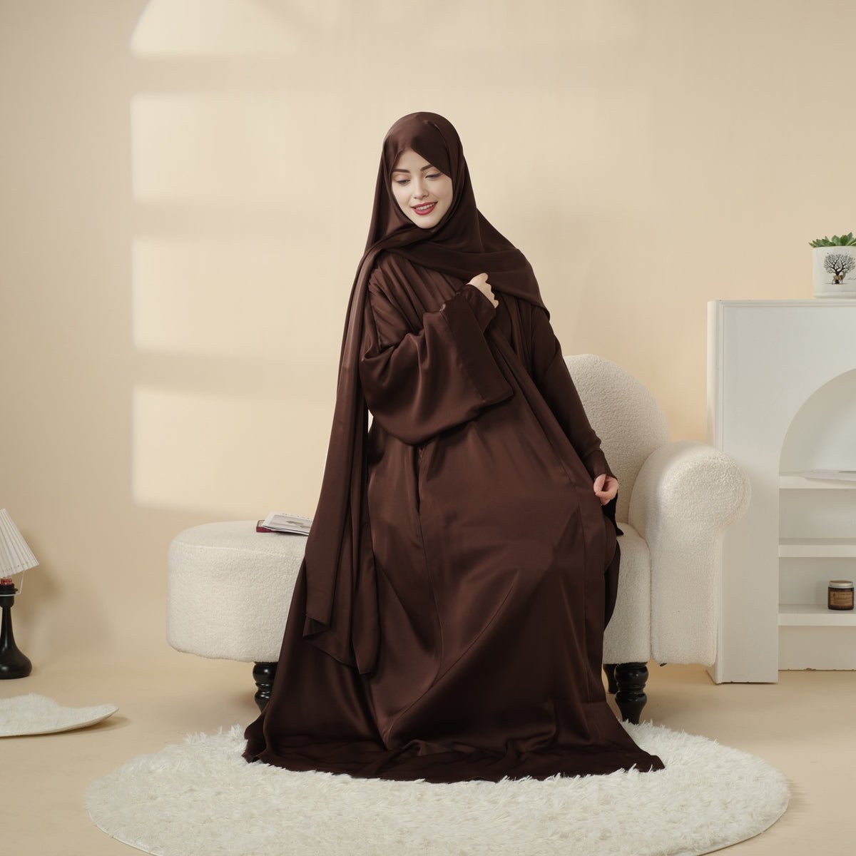 Luxury Satin Modest Abaya Set 4 - Piece – Elegant Open Abaya, Top, Pants & Matching Hijab(MOA034) - Mariam's Collection