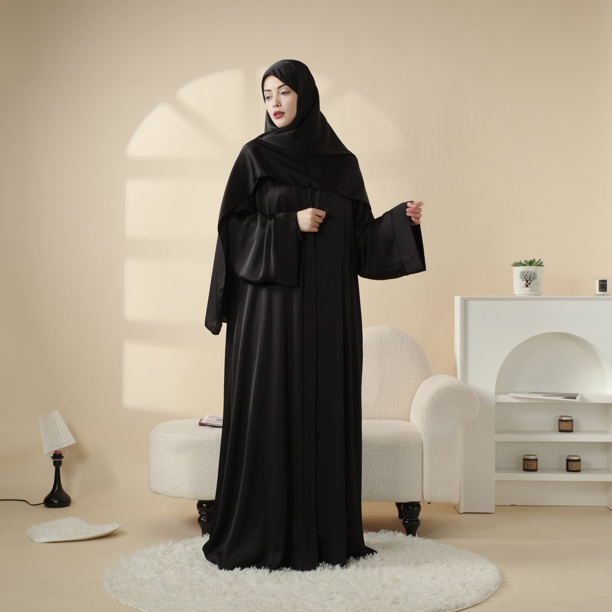 Luxury Satin Modest Abaya Set 4 - Piece – Elegant Open Abaya, Top, Pants & Matching Hijab(MOA034) - Mariam's Collection
