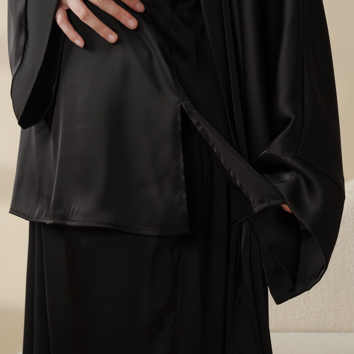 Luxury Satin Modest Abaya Set 4 - Piece – Elegant Open Abaya, Top, Pants & Matching Hijab(MOA034) - Mariam's Collection