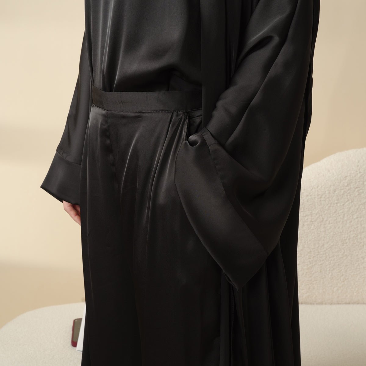Luxury Satin Modest Abaya Set 4 - Piece – Elegant Open Abaya, Top, Pants & Matching Hijab(MOA034) - Mariam's Collection