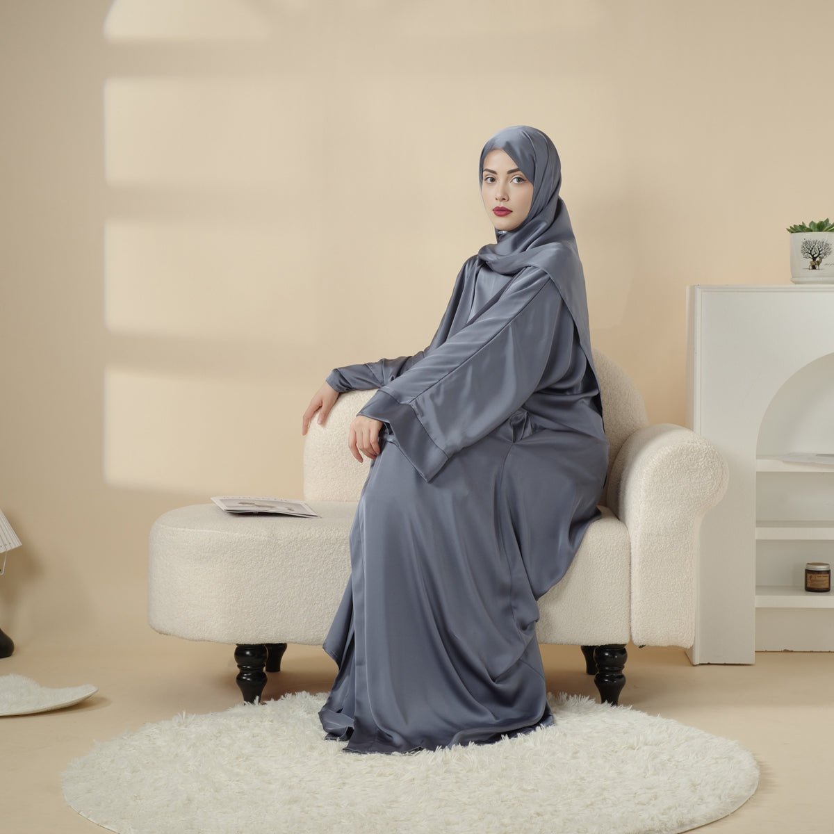 Luxury Satin Modest Abaya Set 4 - Piece – Elegant Open Abaya, Top, Pants & Matching Hijab(MOA034) - Mariam's Collection