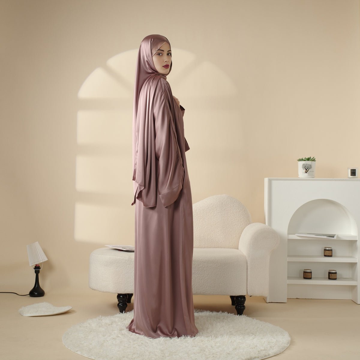 Luxury Satin Modest Abaya Set 4 - Piece – Elegant Open Abaya, Top, Pants & Matching Hijab(MOA034) - Mariam's Collection