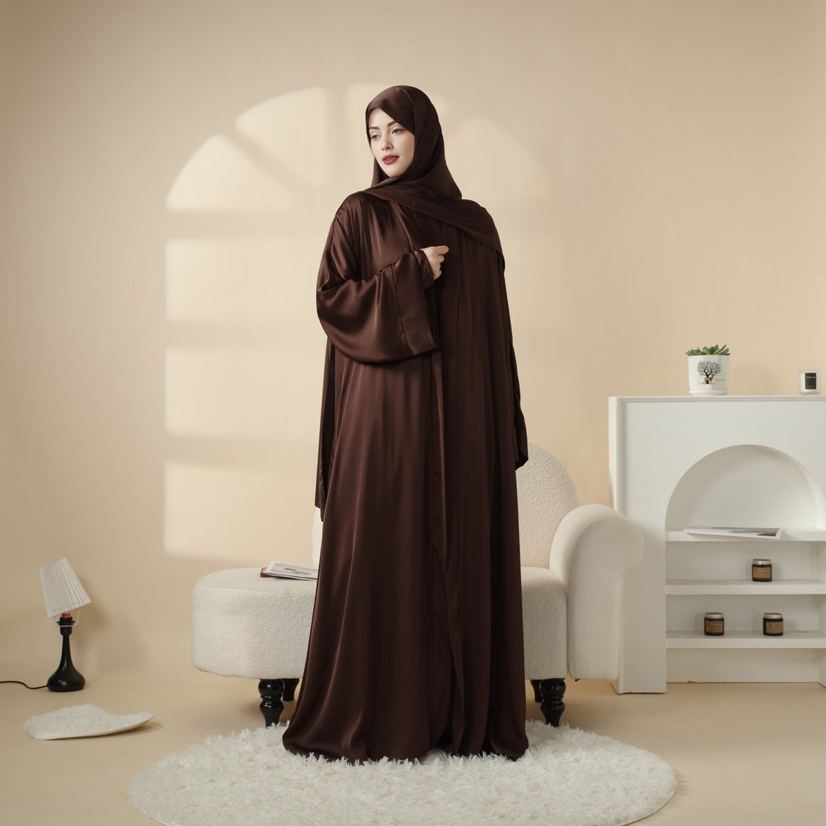 Luxury Satin Modest Abaya Set 4 - Piece – Elegant Open Abaya, Top, Pants & Matching Hijab(MOA034) - Mariam's Collection