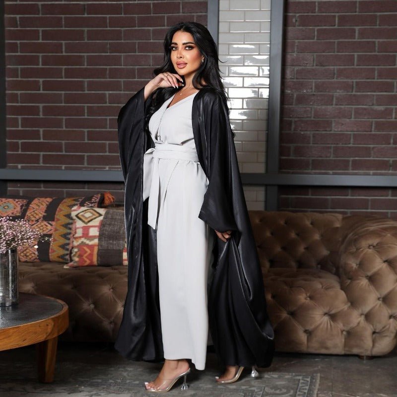 Luxury Silk Satin Bat Sleeve Abaya Robe | Modest V - Neck Evening Dress(MOA225) - Mariam's Collection
