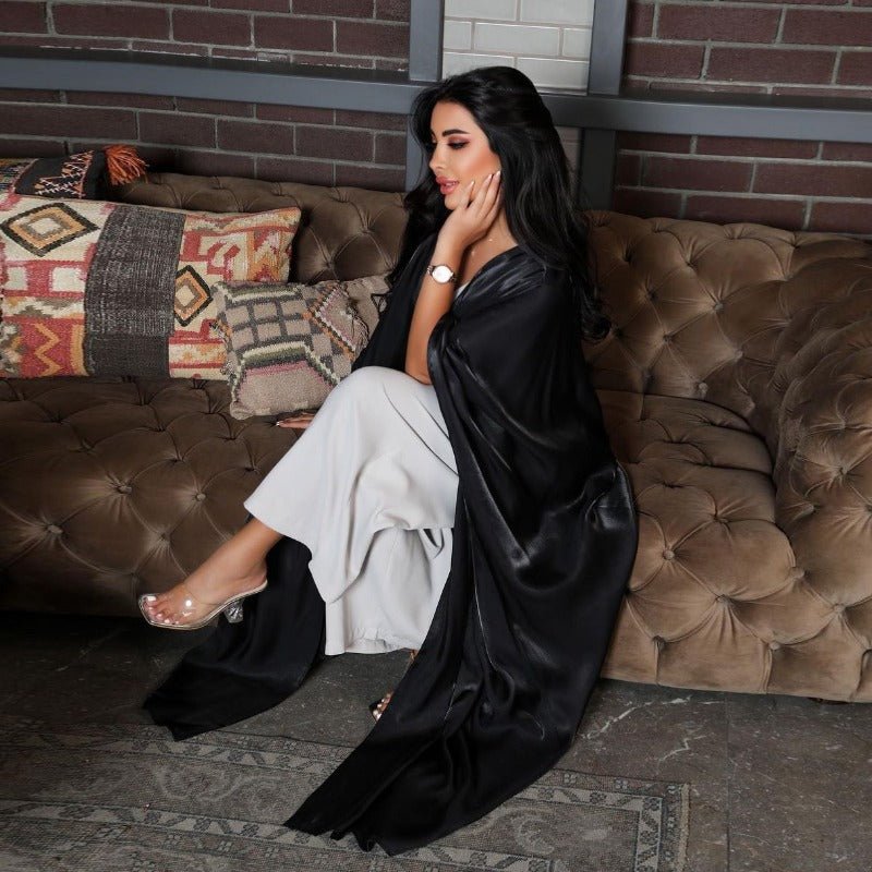 Luxury Silk Satin Bat Sleeve Abaya Robe | Modest V - Neck Evening Dress(MOA225) - Mariam's Collection