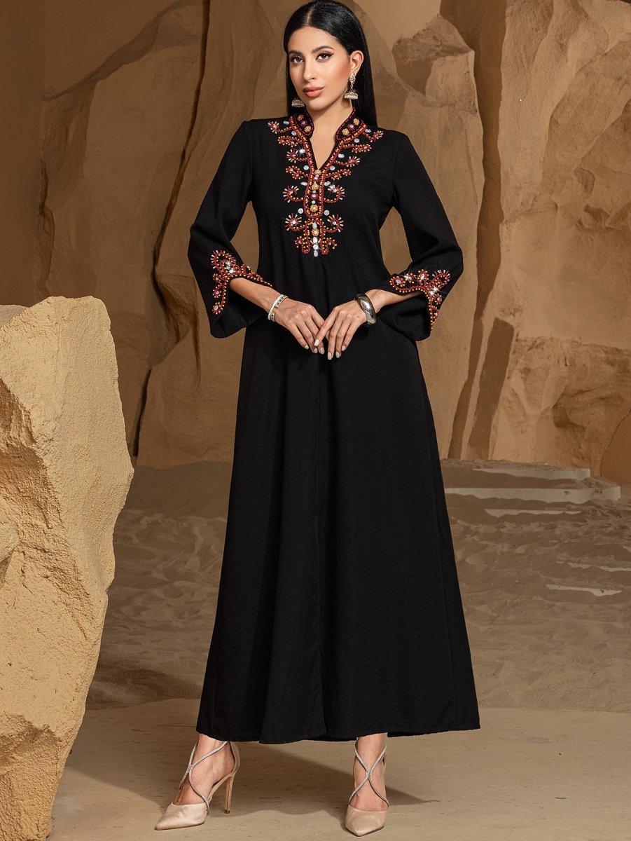 Luxury V - Neck Black & Gold Rice Bead Embroidered Party & Wedding Abaya. (MA187) - Mariam's Collection
