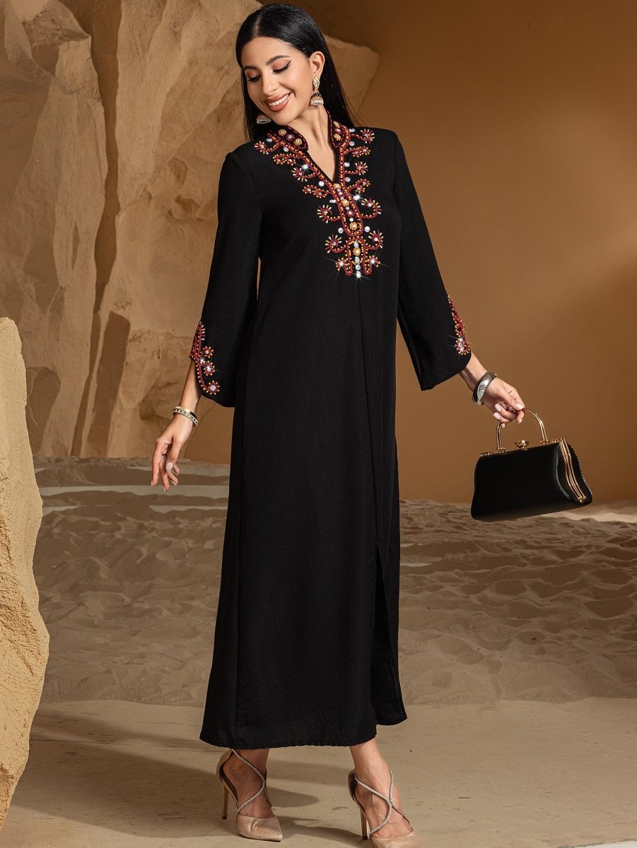 Luxury V - Neck Black & Gold Rice Bead Embroidered Party & Wedding Abaya. (MA187) - Mariam's Collection
