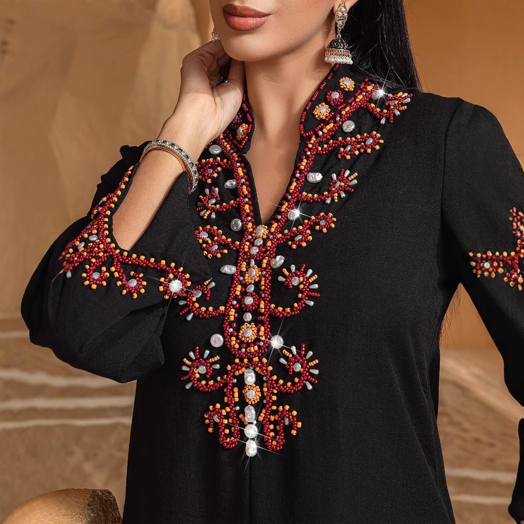 Luxury V - Neck Black & Gold Rice Bead Embroidered Party & Wedding Abaya. (MA187) - Mariam's Collection