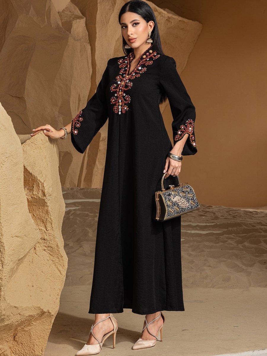 Luxury V - Neck Black & Gold Rice Bead Embroidered Party & Wedding Abaya. (MA187) - Mariam's Collection
