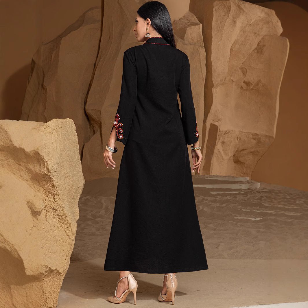 Luxury V - Neck Black & Gold Rice Bead Embroidered Party & Wedding Abaya. (MA187) - Mariam's Collection