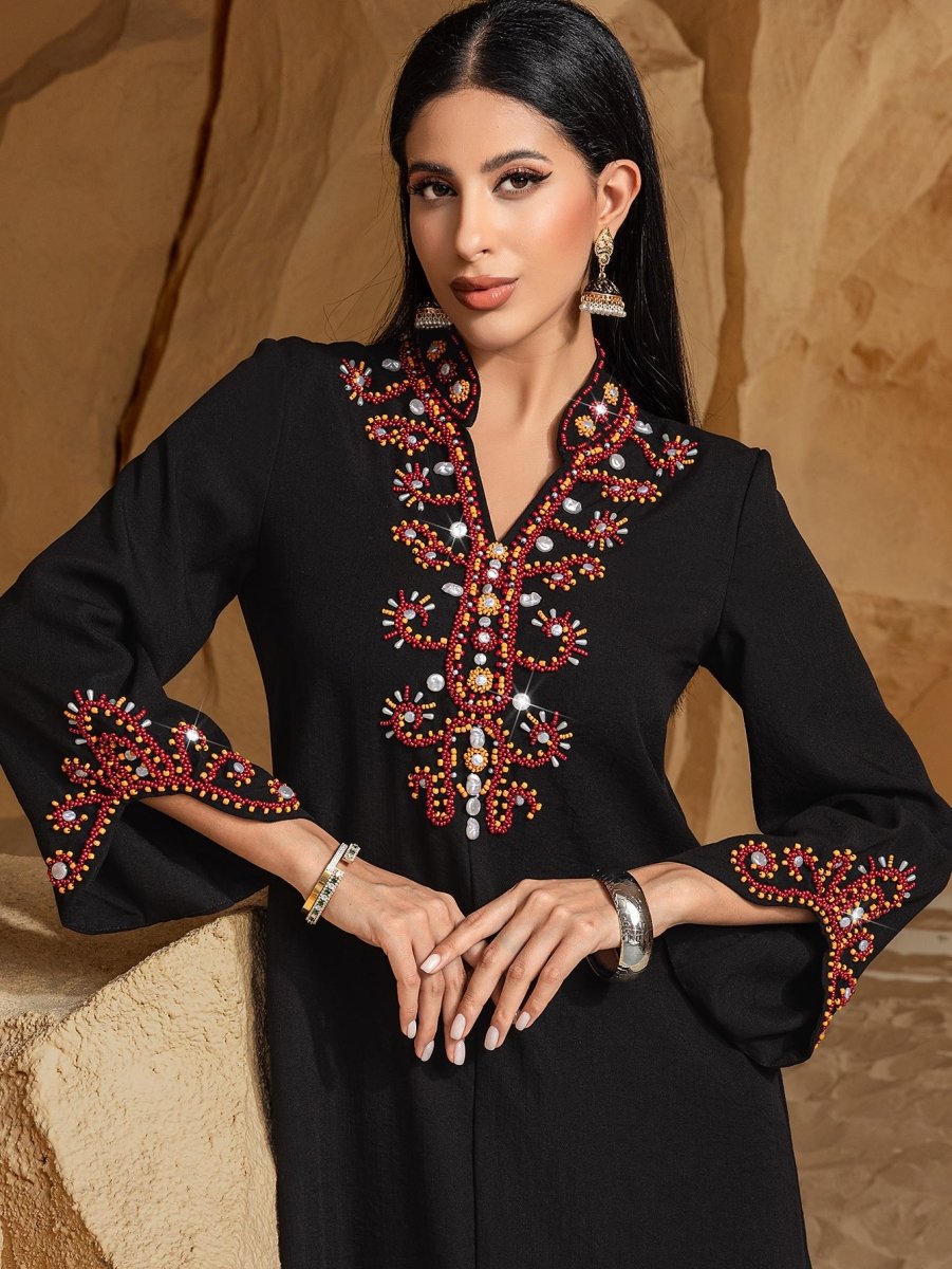 Luxury V - Neck Black & Gold Rice Bead Embroidered Party & Wedding Abaya. (MA187) - Mariam's Collection