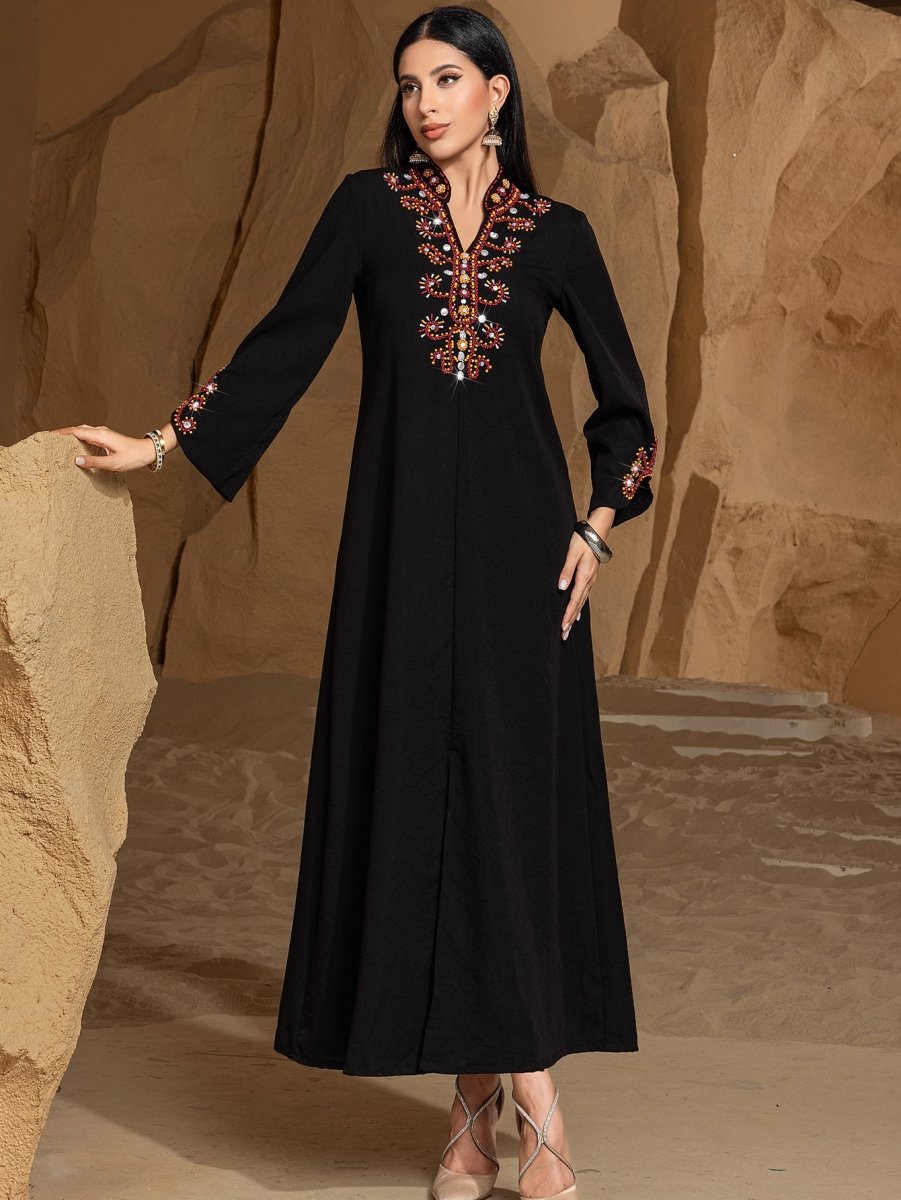 Luxury V - Neck Black & Gold Rice Bead Embroidered Party & Wedding Abaya. (MA187) - Mariam's Collection