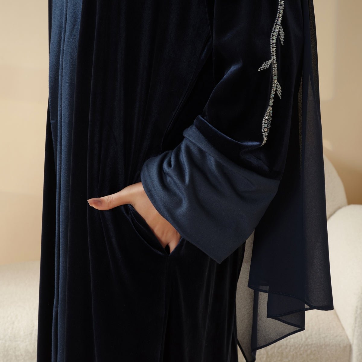 Luxury Velvet Open Abaya | Hand - Stitched Beaded Open Velvet Abaya (MOA106) - Mariam's Collection