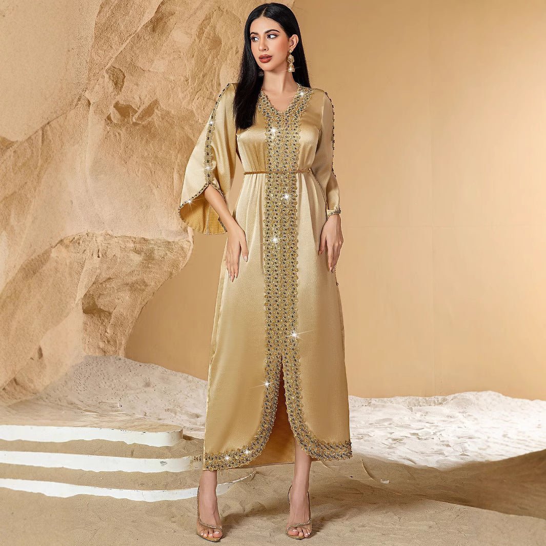 Luxury Wedding & Evening Party Champagne Elegance Hand - Beaded Lace Abaya. (MA186) - Mariam's Collection