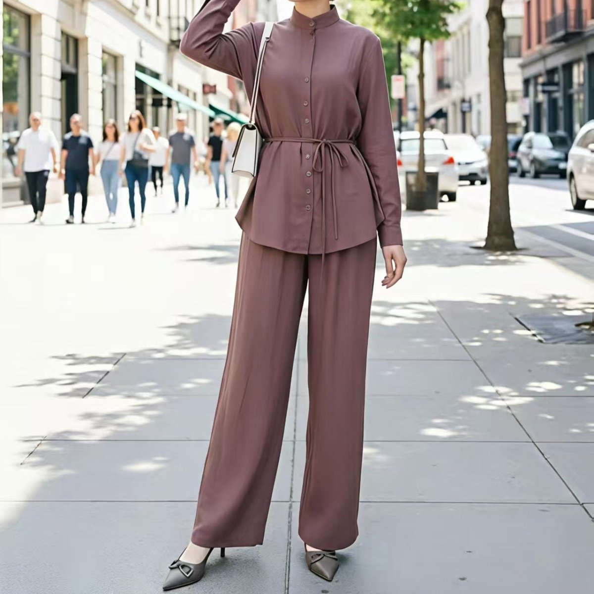 Mandarin Collar Suit Set – Wide-Leg Trouser Set | Modest Co-ord
