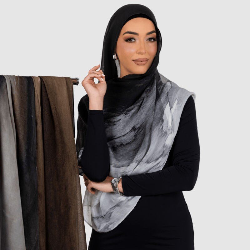 Marble Print Chiffon Hijab | Black & White Tie-Dye(MH227) - Mariam's Collection