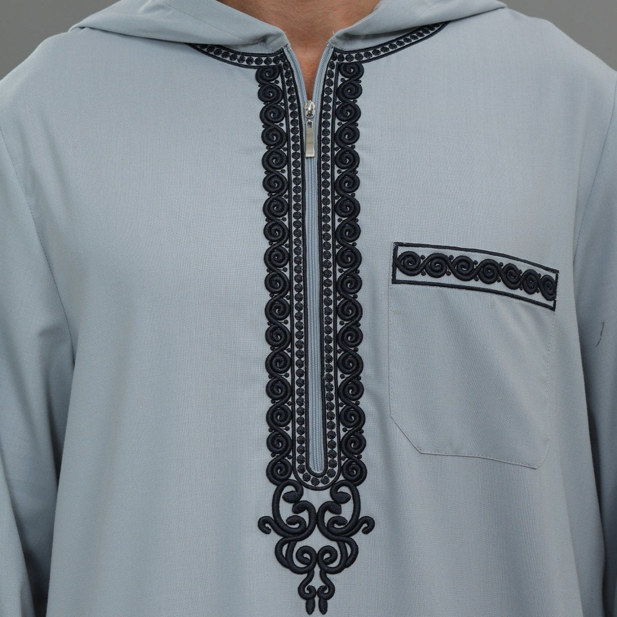 Men's Hooded Embroidered Thobe with Pockets (MT037) - Mariam's Collection