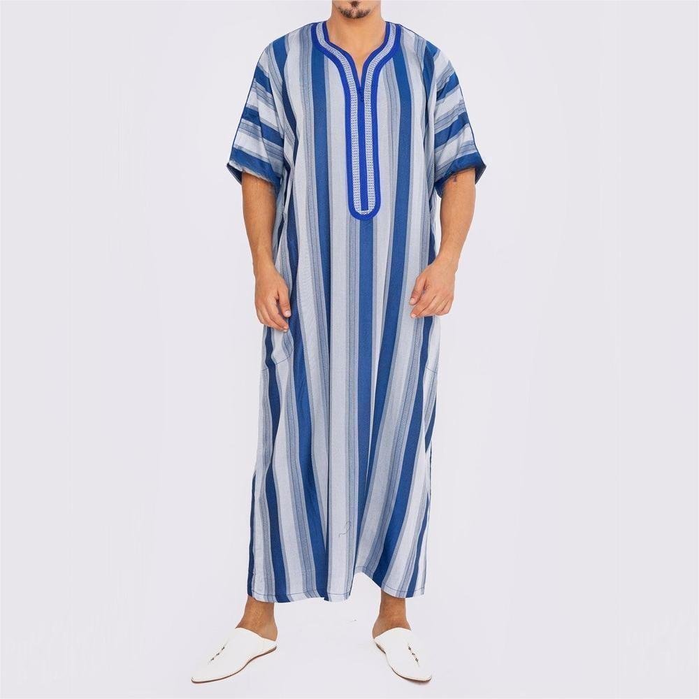 Men's Short Sleeve Breathable Blue & White Striped Thobe Long Robe with V - Neck & Modest Fit. (MT031) - Mariam's Collection