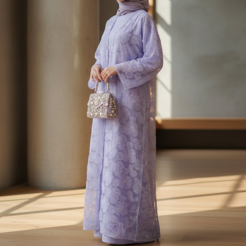 Mesh Flower Bead Open Abaya and Satin Interior Dress 2 - Piece Set | Elegant Muslim Wedding Guest Outfit(MOA222) - Mariam's Collection