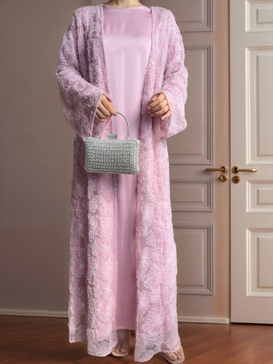 Mesh Flower Bead Open Abaya and Satin Interior Dress 2 - Piece Set | Elegant Muslim Wedding Guest Outfit(MOA222) - Mariam's Collection