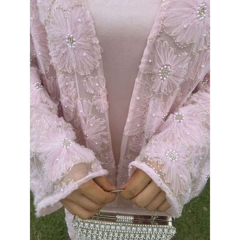 Mesh Flower Bead Open Abaya and Satin Interior Dress 2 - Piece Set | Elegant Muslim Wedding Guest Outfit(MOA222) - Mariam's Collection