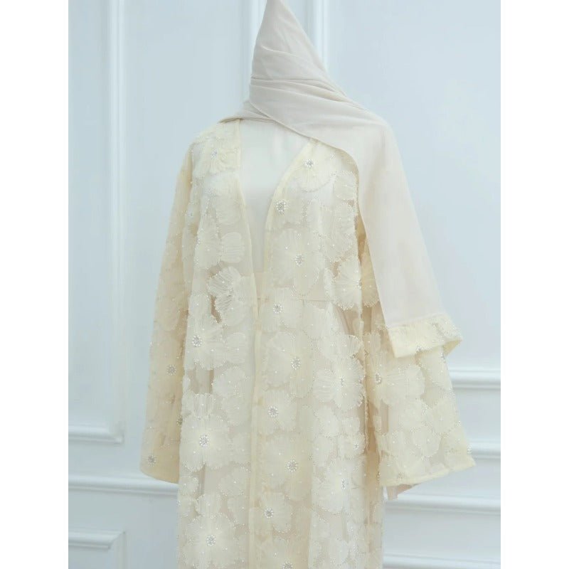 Mesh Flower Bead Open Abaya and Satin Interior Dress 2 - Piece Set | Elegant Muslim Wedding Guest Outfit(MOA222) - Mariam's Collection