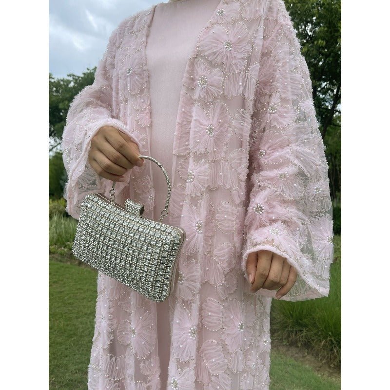 Mesh Flower Bead Open Abaya and Satin Interior Dress 2 - Piece Set | Elegant Muslim Wedding Guest Outfit(MOA222) - Mariam's Collection