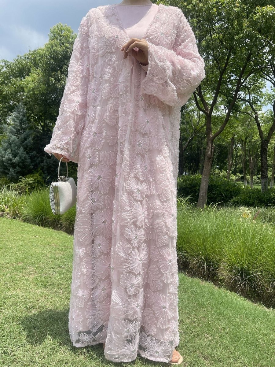 Mesh Flower Bead Open Abaya and Satin Interior Dress 2 - Piece Set | Elegant Muslim Wedding Guest Outfit(MOA222) - Mariam's Collection