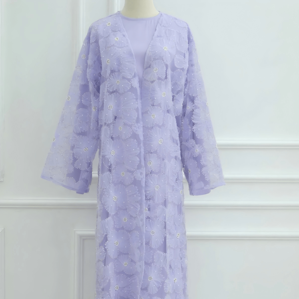 Mesh Flower Bead Open Abaya and Satin Interior Dress 2 - Piece Set | Elegant Muslim Wedding Guest Outfit(MOA222) - Mariam's Collection