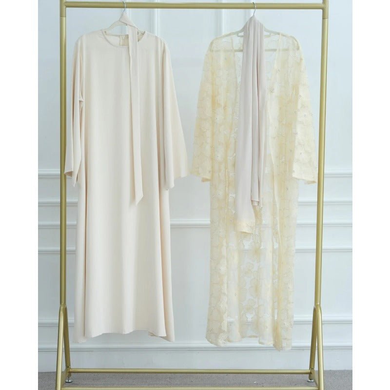 Mesh Flower Bead Open Abaya and Satin Interior Dress 2 - Piece Set | Elegant Muslim Wedding Guest Outfit(MOA222) - Mariam's Collection