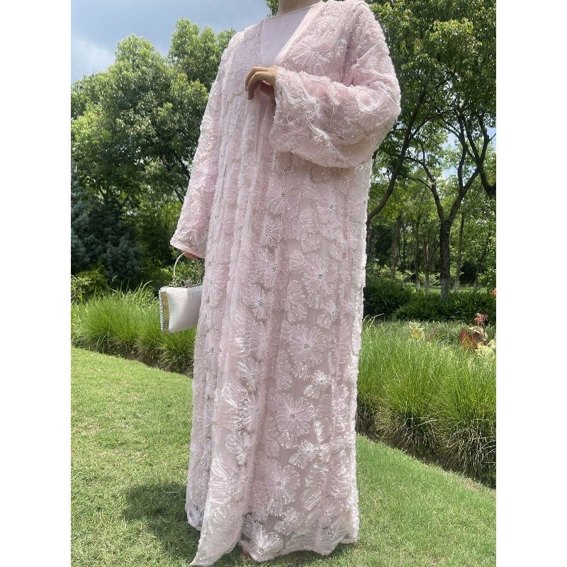 Mesh Flower Bead Open Abaya and Satin Interior Dress 2 - Piece Set | Elegant Muslim Wedding Guest Outfit(MOA222) - Mariam's Collection