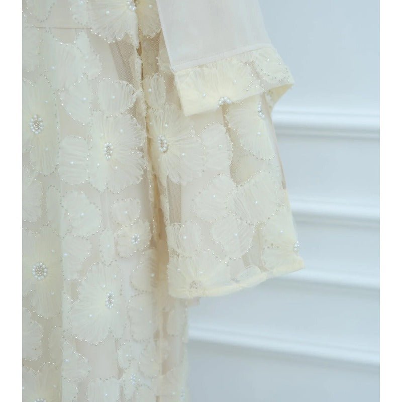 Mesh Flower Bead Open Abaya and Satin Interior Dress 2 - Piece Set | Elegant Muslim Wedding Guest Outfit(MOA222) - Mariam's Collection