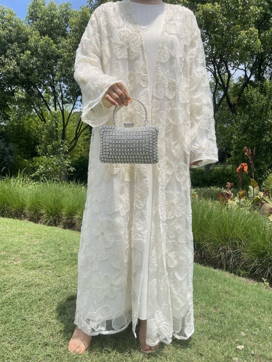 Mesh Flower Bead Open Abaya and Satin Interior Dress 2 - Piece Set | Elegant Muslim Wedding Guest Outfit(MOA222) - Mariam's Collection