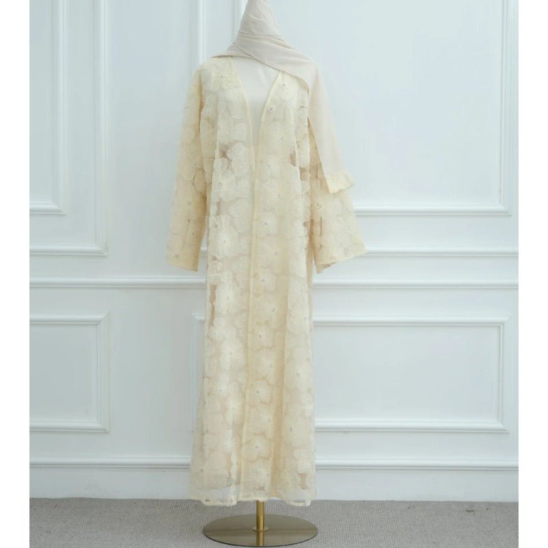 Mesh Flower Bead Open Abaya and Satin Interior Dress 2 - Piece Set | Elegant Muslim Wedding Guest Outfit(MOA222) - Mariam's Collection