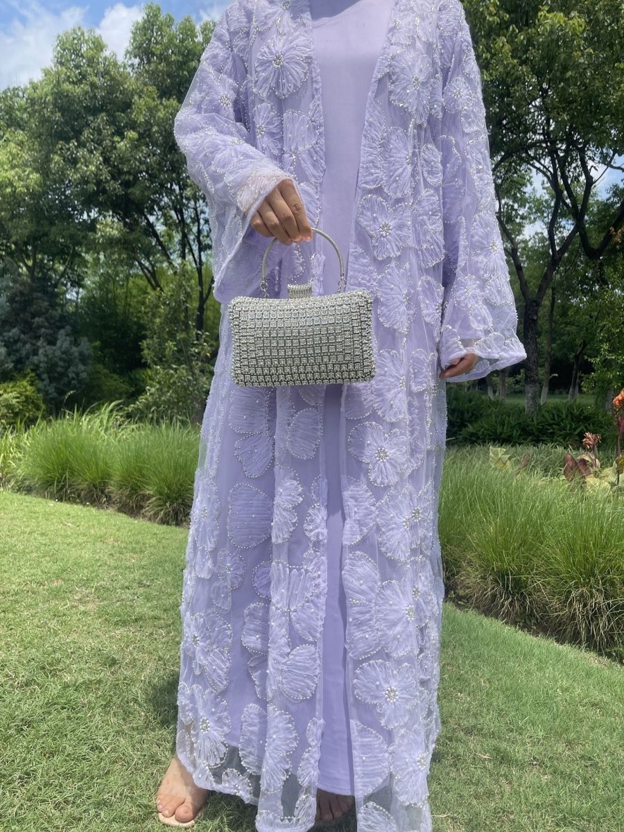 Mesh Flower Bead Open Abaya and Satin Interior Dress 2 - Piece Set | Elegant Muslim Wedding Guest Outfit(MOA222) - Mariam's Collection