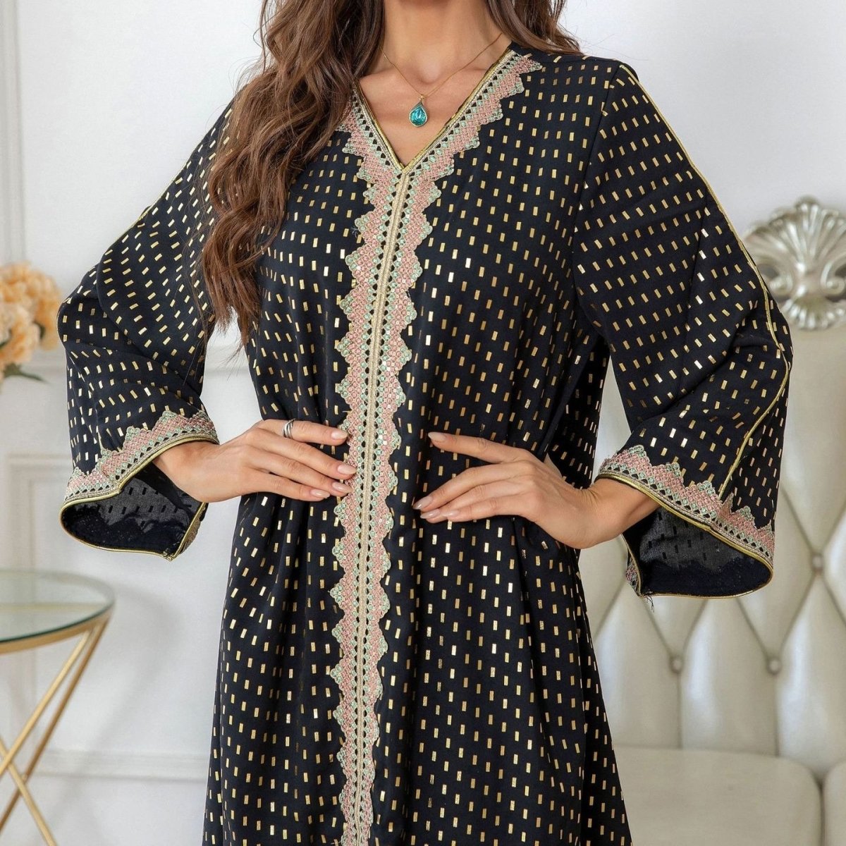 Metallic Embroidered Lace Trim Abaya(MA367) - Mariam's Collection