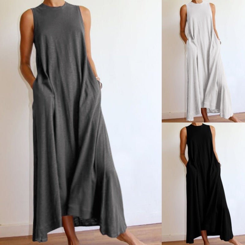 Milk Silk Sleeveless A - Line Maxi Dress with Pockets(MS189) - Mariam's Collection