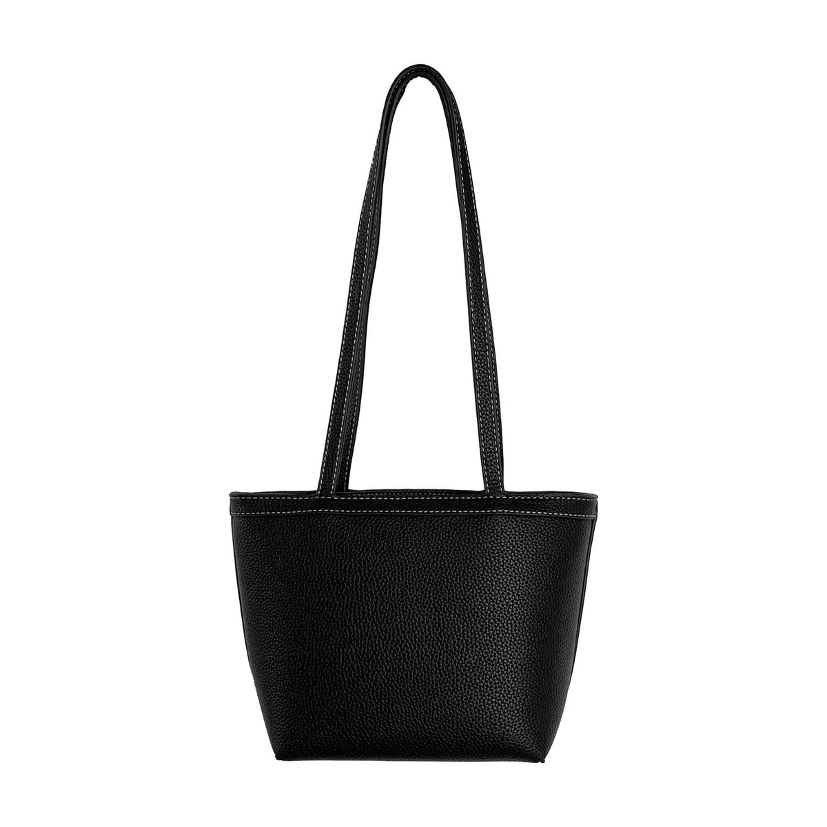 Top view of bucket bag showing snap closure and interior compartments