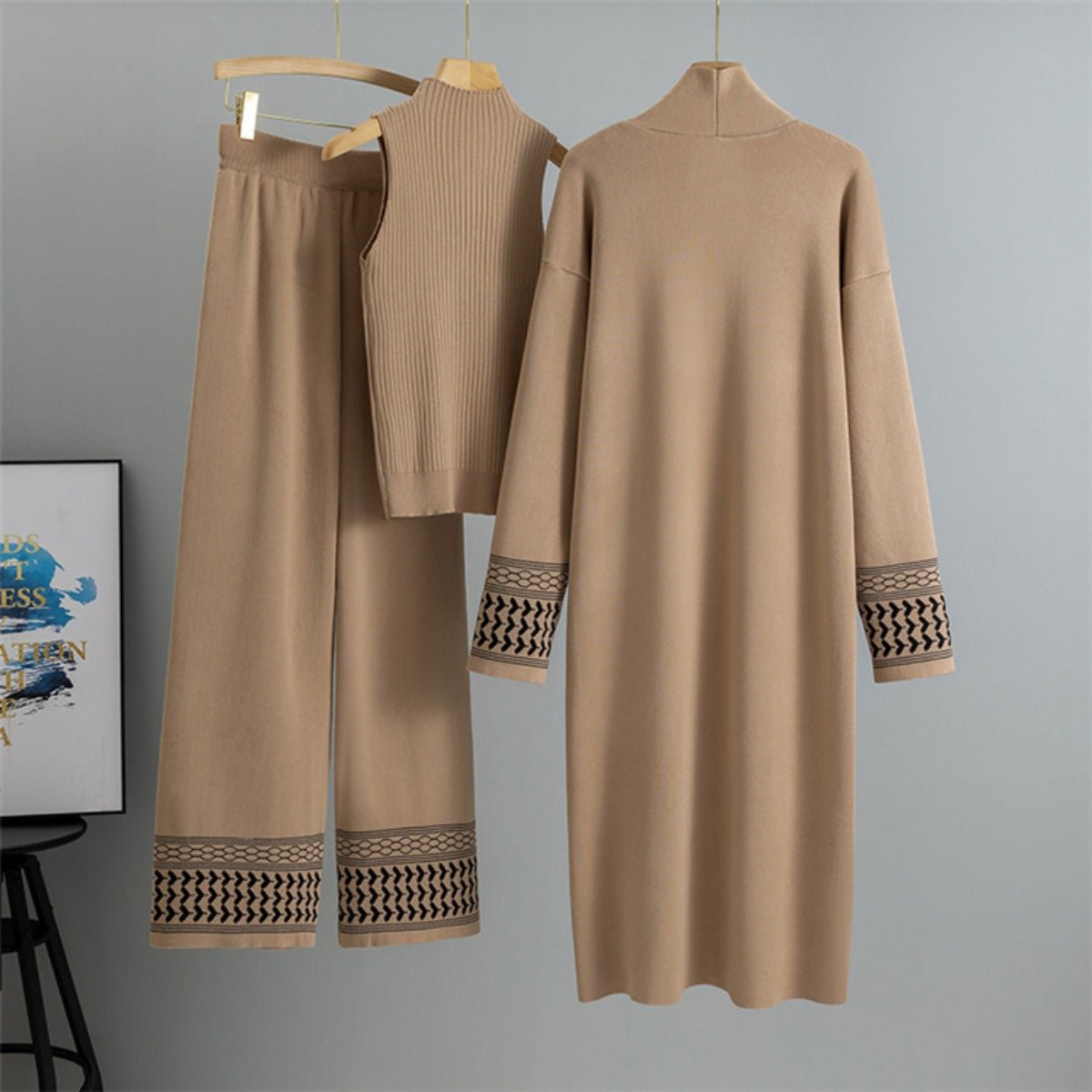 Minimalist Geometric Trim Knit Three - Piece Set. (MS088) - Mariam's Collection