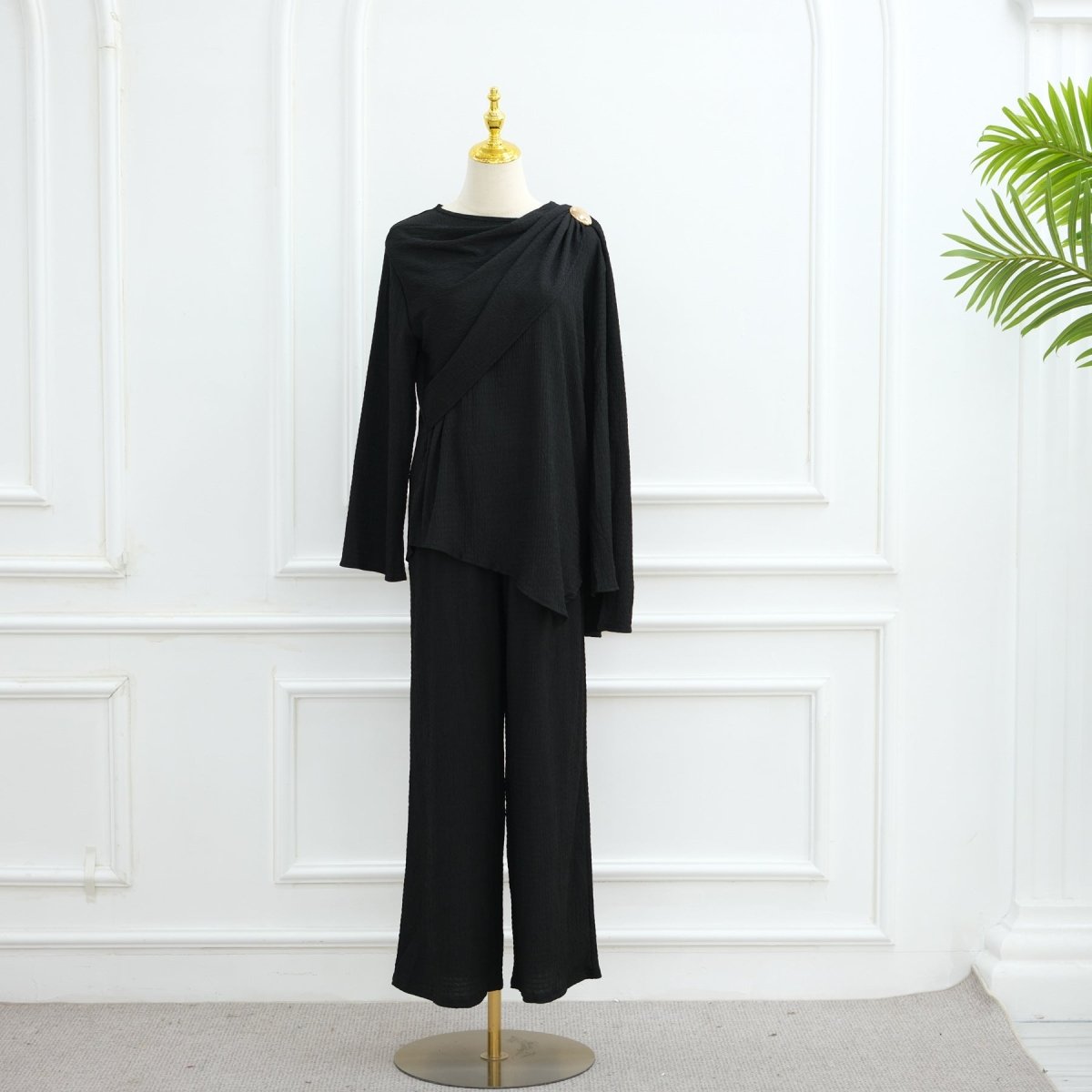 Minimalist Luxury Modest Lounge Two - Piece Set | Asymmetrical Cardigan & Wide - Leg Pants. (MS093) - Mariam's Collection