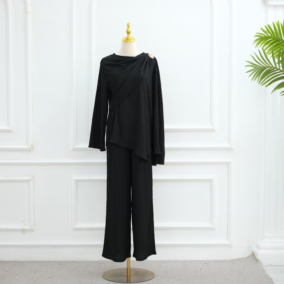 Minimalist Luxury Modest Lounge Two - Piece Set | Asymmetrical Cardigan & Wide - Leg Pants. (MS093) - Mariam's Collection