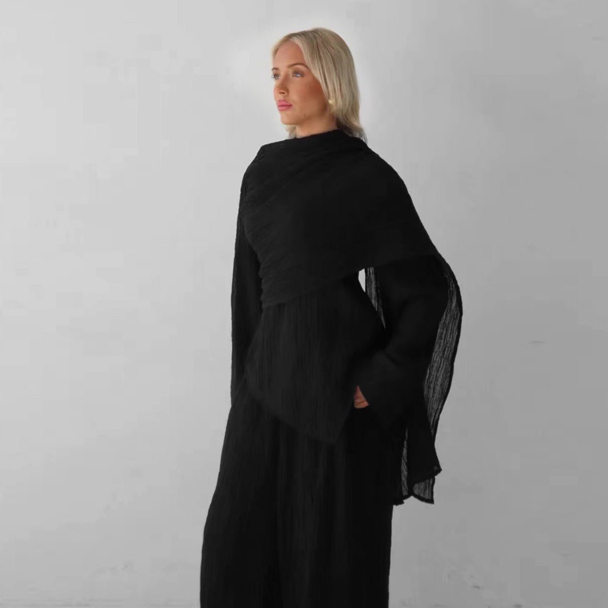 Minimalist Luxury Modest Lounge Two - Piece Set | Asymmetrical Cardigan & Wide - Leg Pants. (MS093) - Mariam's Collection