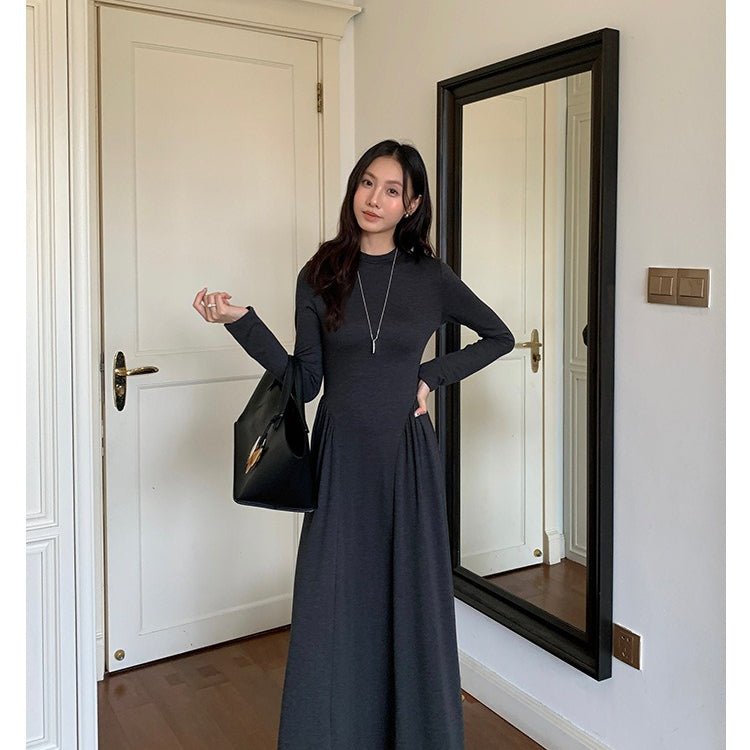 Minimalist Mock Neck Knit Maxi Dress | Relaxed Fit Base Layer Dress(MA336) - Mariam's Collection